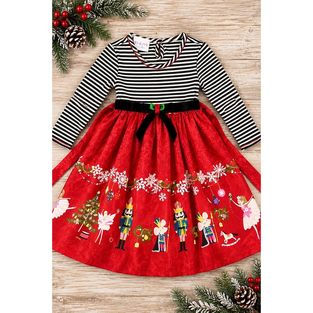 Iris & Ivy Girls Holiday Nutcracker Dress 6 Red Black Stripe Velvet Bow